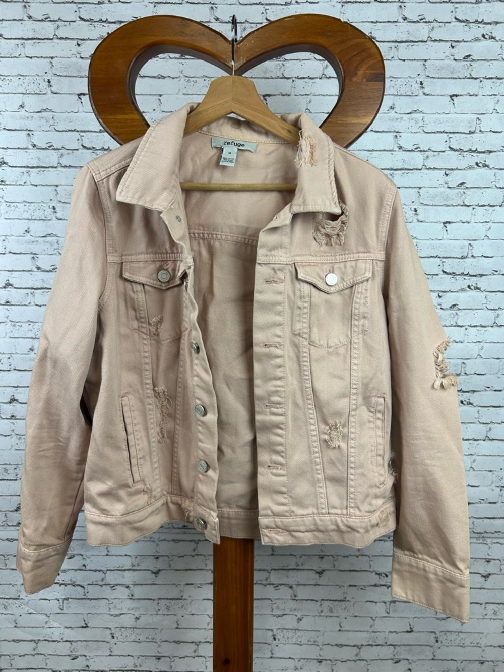 refuge | Blush Dusty Pink Distressed Denim Jacket size M